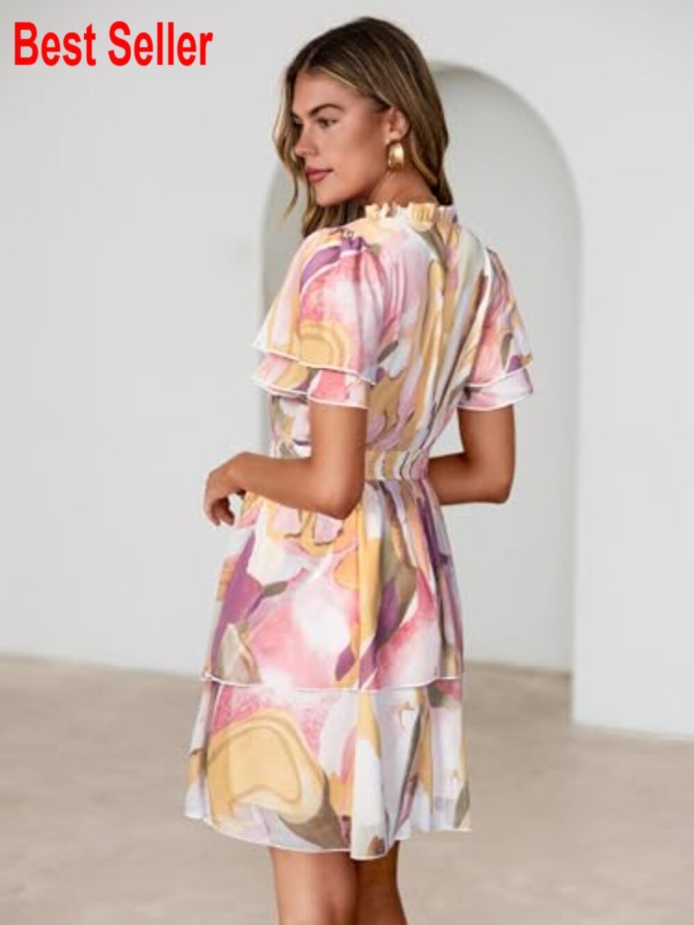 Chiffon Floral Mini Dress V Neck Short Sleeve Empire Waist Tiered - Picture 3 of 7